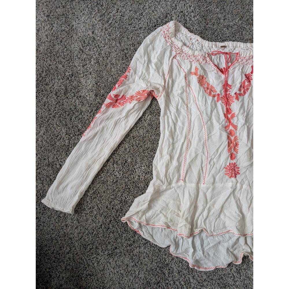 Free People White Coral Embroidered Gauze Peasant Blouse Top Medium - Picture 3 of 6